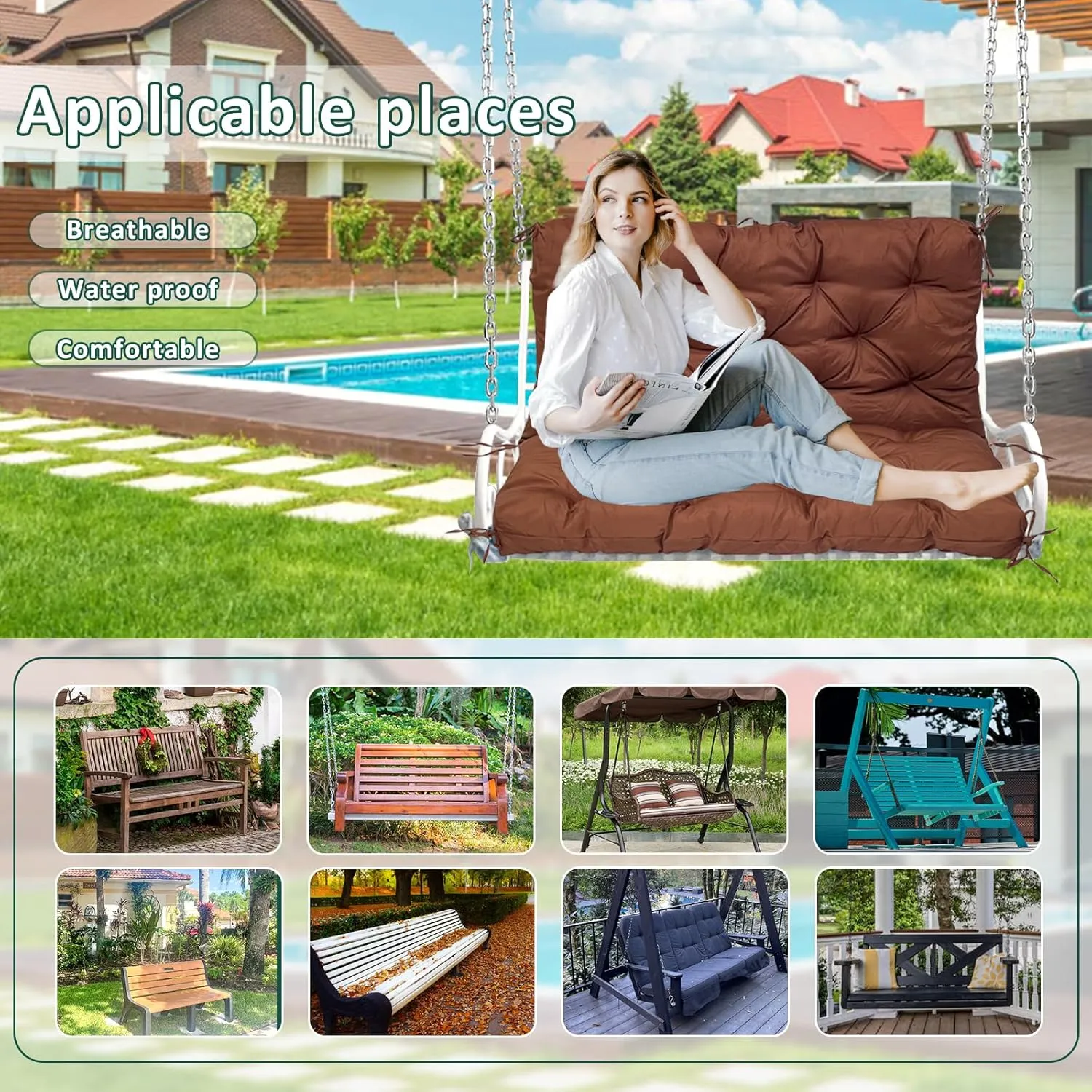 Swing Replacement Cushions for Outdoor: 2-3 Seater Waterproof Porch Bench Cushion with Ties - Thick Patio Swing Cushion with Backrest for Garden Backyard Furniture