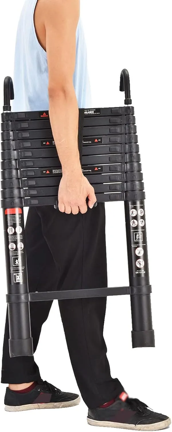 Telescoping Ladder 10.5FT Black Aluminum Step Ladder Portable Extension Folding Ladder with Detachable Hooks, Folded Height 2.7ft Space Saving, 330lbs Load Capacity, for Home, RV, Office