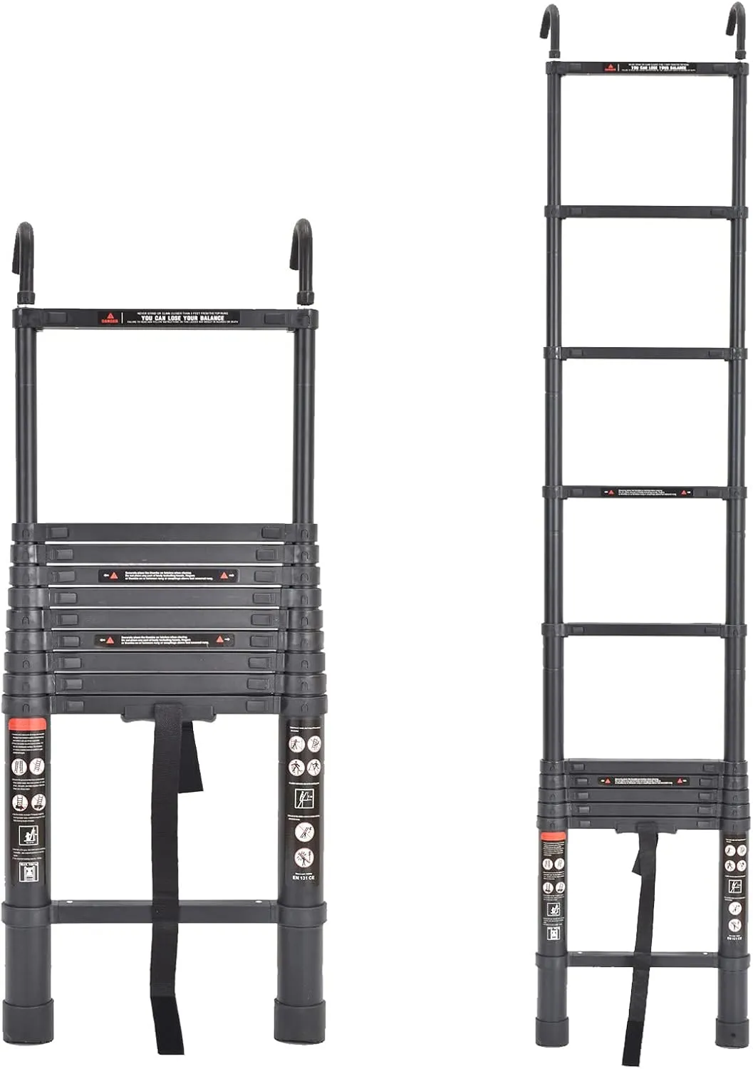 Telescoping Ladder 10.5FT Black Aluminum Step Ladder Portable Extension Folding Ladder with Detachable Hooks, Folded Height 2.7ft Space Saving, 330lbs Load Capacity, for Home, RV, Office