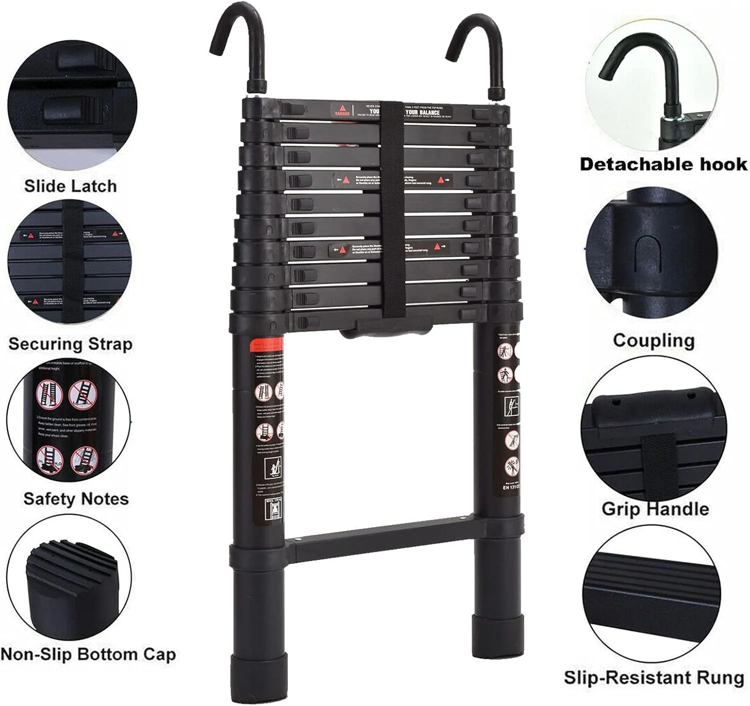 Telescoping Ladder 10.5FT Black Aluminum Step Ladder Portable Extension Folding Ladder with Detachable Hooks, Folded Height 2.7ft Space Saving, 330lbs Load Capacity, for Home, RV, Office