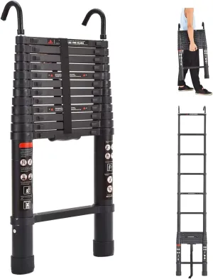 Telescoping Ladder 10.5FT Black Aluminum Step Ladder Portable Extension Folding Ladder with Detachable Hooks, Folded Height 2.7ft Space Saving, 330lbs Load Capacity, for Home, RV, Office