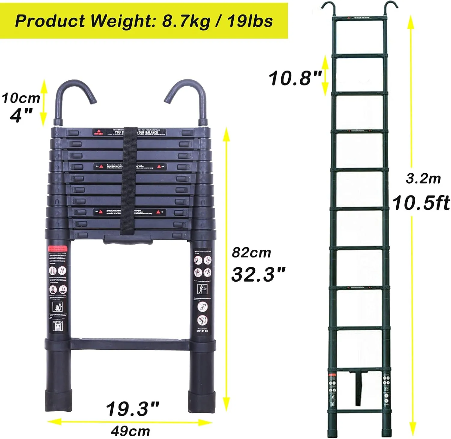 Telescoping Ladder 10.5FT Black Aluminum Step Ladder Portable Extension Folding Ladder with Detachable Hooks, Folded Height 2.7ft Space Saving, 330lbs Load Capacity, for Home, RV, Office