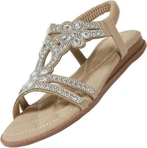 Thong Sandals for Women Beach Bohemia Floral Flat Sandals T-Strap Summer Beach Glitter Elastic Heel Sandals for Women