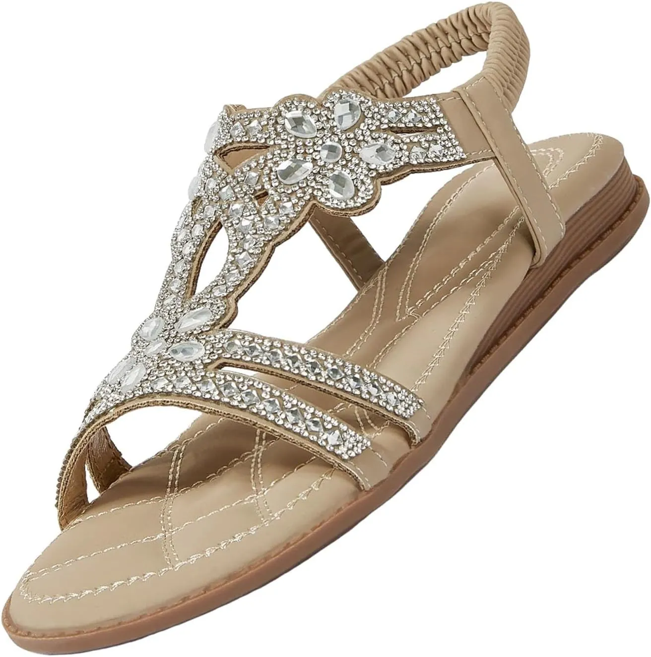 Thong Sandals for Women Beach Bohemia Floral Flat Sandals T-Strap Summer Beach Glitter Elastic Heel Sandals for Women