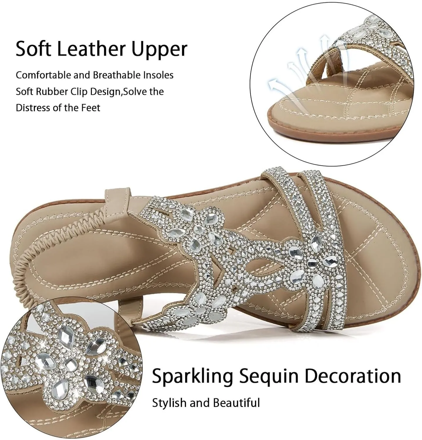 Thong Sandals for Women Beach Bohemia Floral Flat Sandals T-Strap Summer Beach Glitter Elastic Heel Sandals for Women