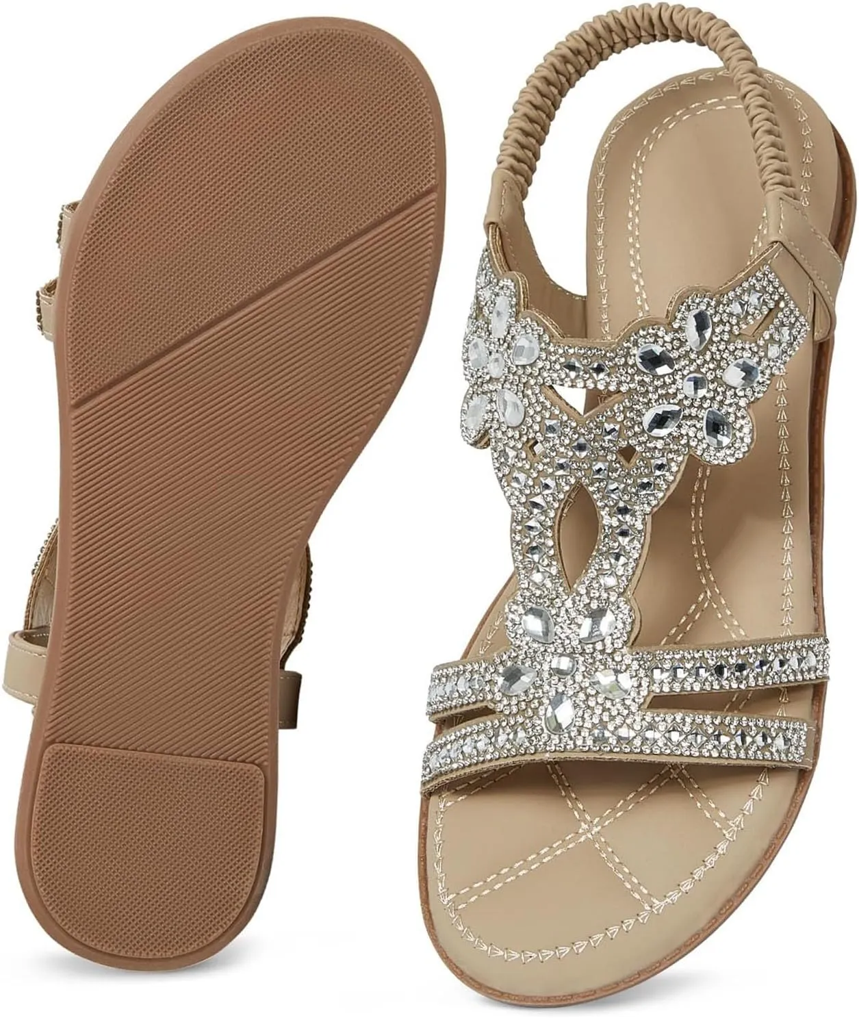 Thong Sandals for Women Beach Bohemia Floral Flat Sandals T-Strap Summer Beach Glitter Elastic Heel Sandals for Women