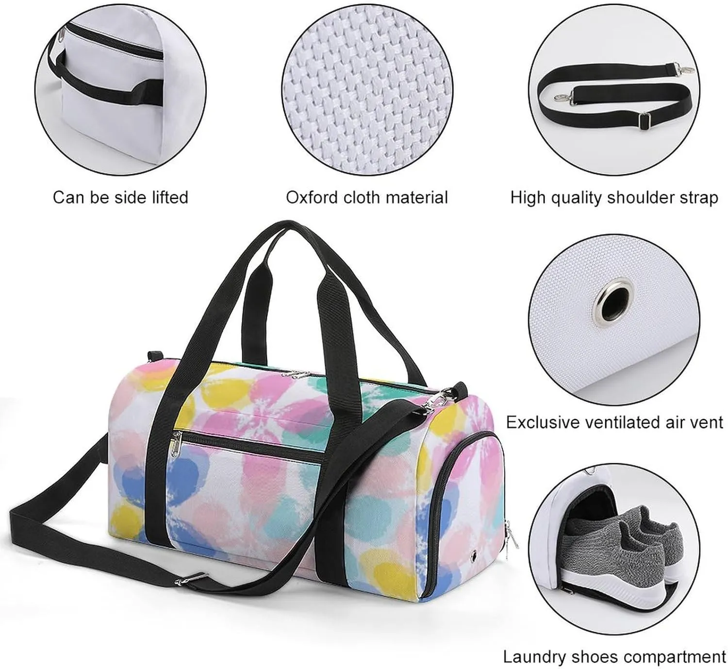 Tie Dye Leaf And Flower Fitness Large Gym Bag for Unisex with Shoe Compartment & Wet Pocket