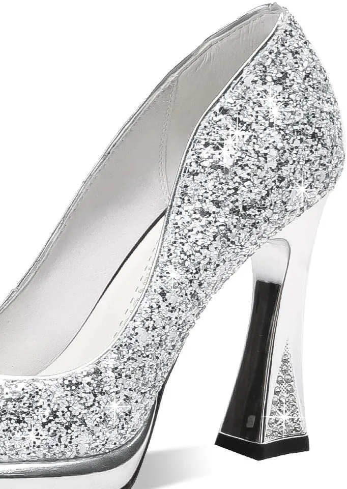 TinaCus Women's Sexy Pointed Toe Glittering Leather Handmade Slip On High Spool Heel Platform Pumps Shoes