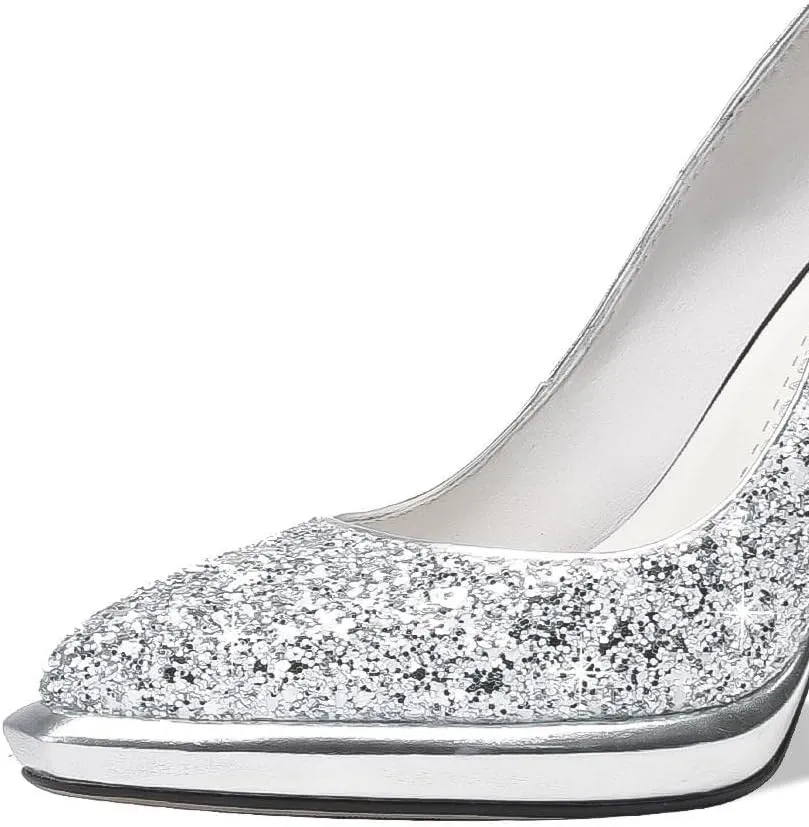 TinaCus Women's Sexy Pointed Toe Glittering Leather Handmade Slip On High Spool Heel Platform Pumps Shoes