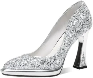 TinaCus Women's Sexy Pointed Toe Glittering Leather Handmade Slip On High Spool Heel Platform Pumps Shoes