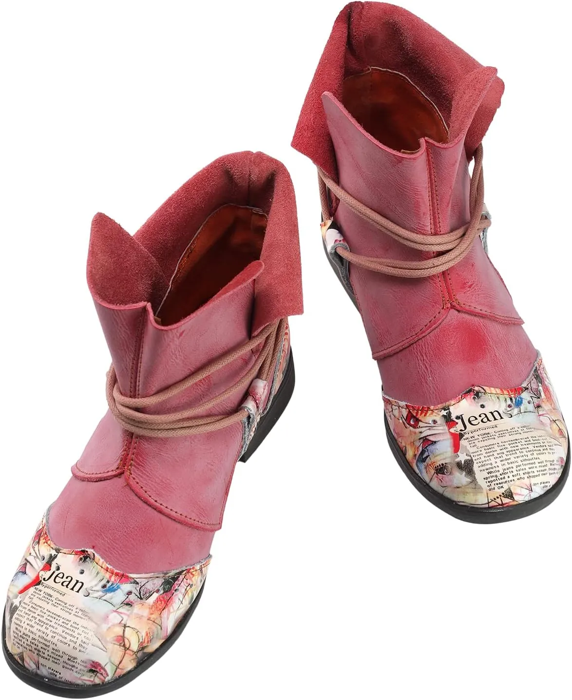 TMA EYES Women's Tie-Accent Leather Lazy Wear Slip-on Ankle Boots