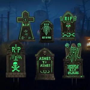 TOKLYUIE Fluorescent Halloween RIP Tombstones-6 Pcs Halloween Tombstones Outdoor Yard Signs Decorations with 12 Fix Stakes,Halloween Scary Tombstone Props for Yard Garden Halloween Party Decor