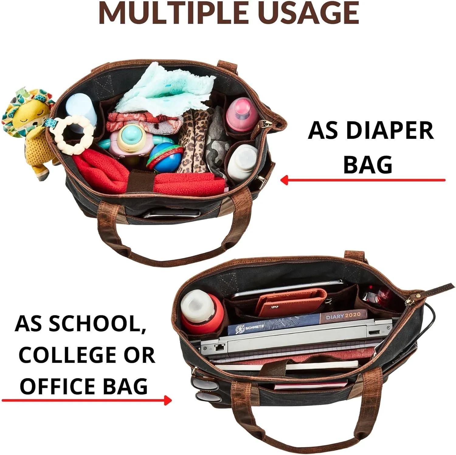 Tote Bag for Women Real Leather Shoulder Handbag Organizer Water Repellent Waxed Canvas