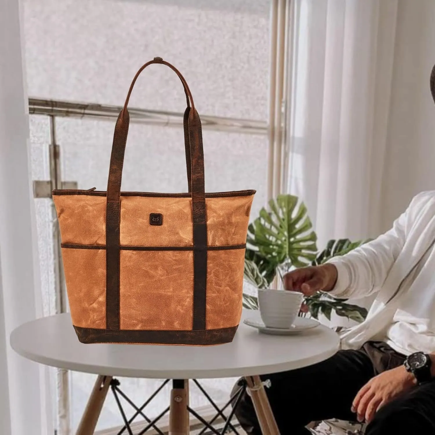 Tote Bag for Women Real Leather Shoulder Handbag Organizer Water Repellent Waxed Canvas