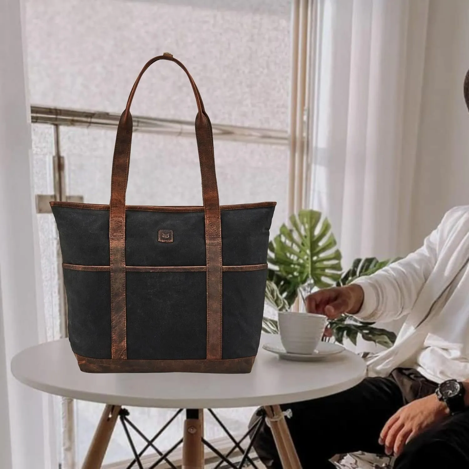 Tote Bag for Women Real Leather Shoulder Handbag Organizer Water Repellent Waxed Canvas