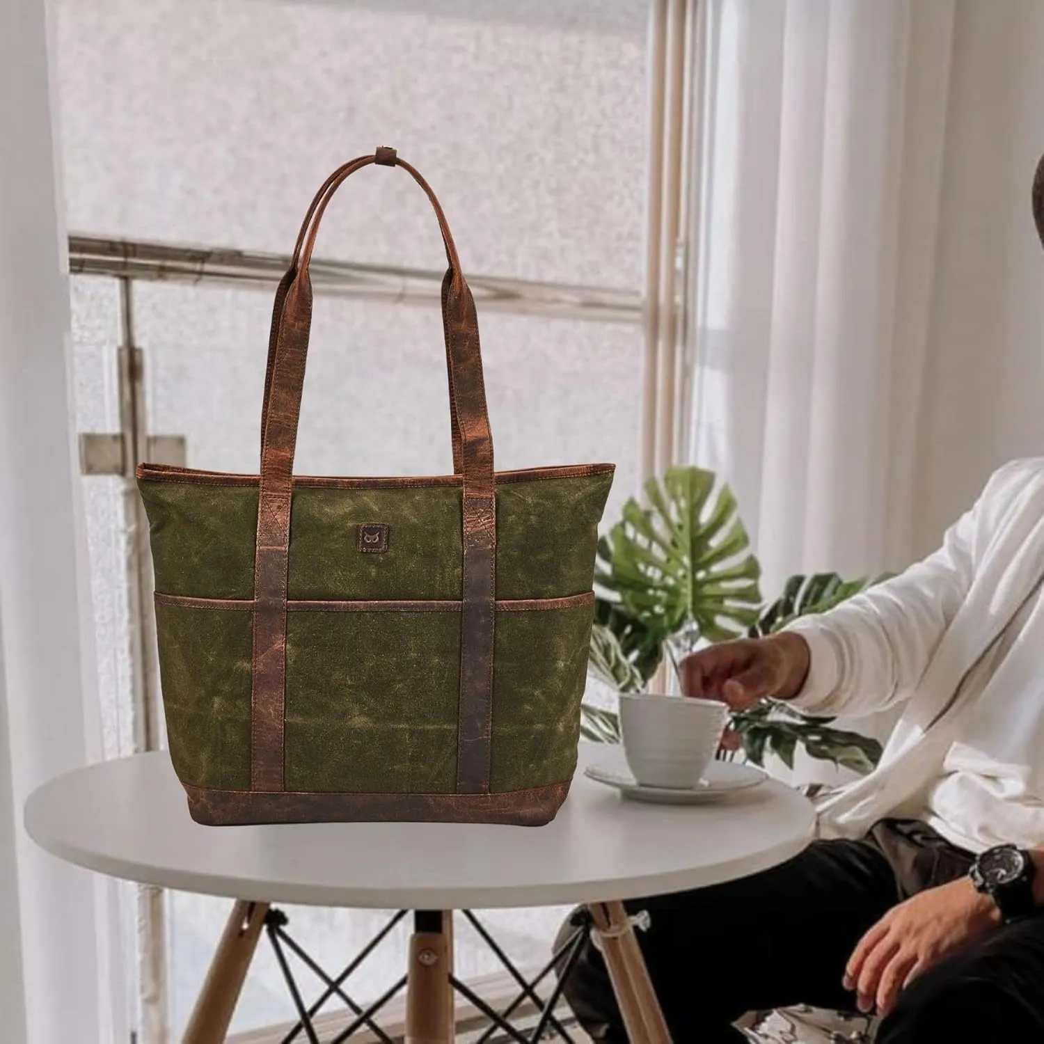 Tote Bag for Women Real Leather Shoulder Handbag Organizer Water Repellent Waxed Canvas
