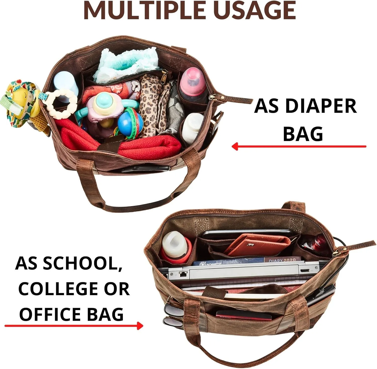 Tote Bag for Women Real Leather Shoulder Handbag Organizer Water Repellent Waxed Canvas