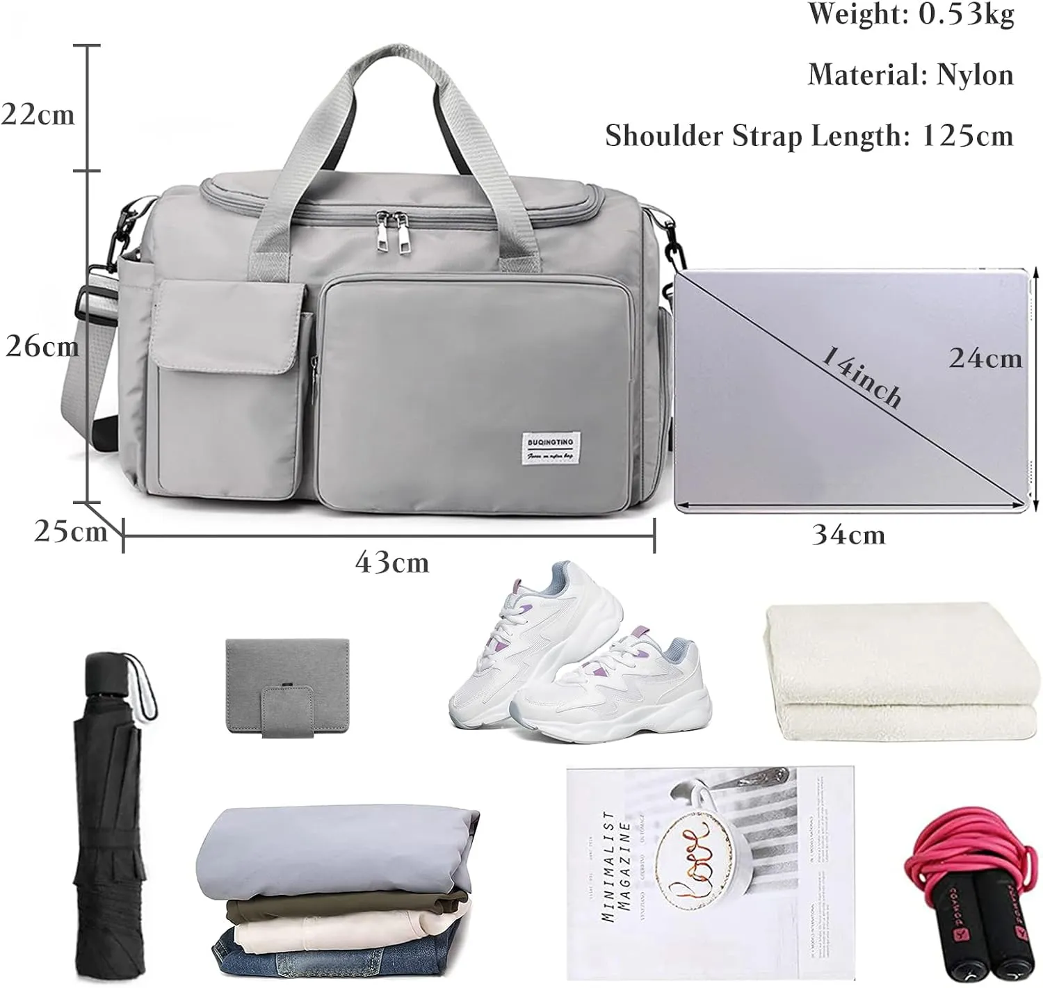 Travel Duffel Bag for Women and Men Sports Gym Tote Bag Foldable Weekender Overnight Bag Carry-on Bags with Shoes Compartment Lightweight Shoulder Bag for Travel Gym Sport Daily Use Grey