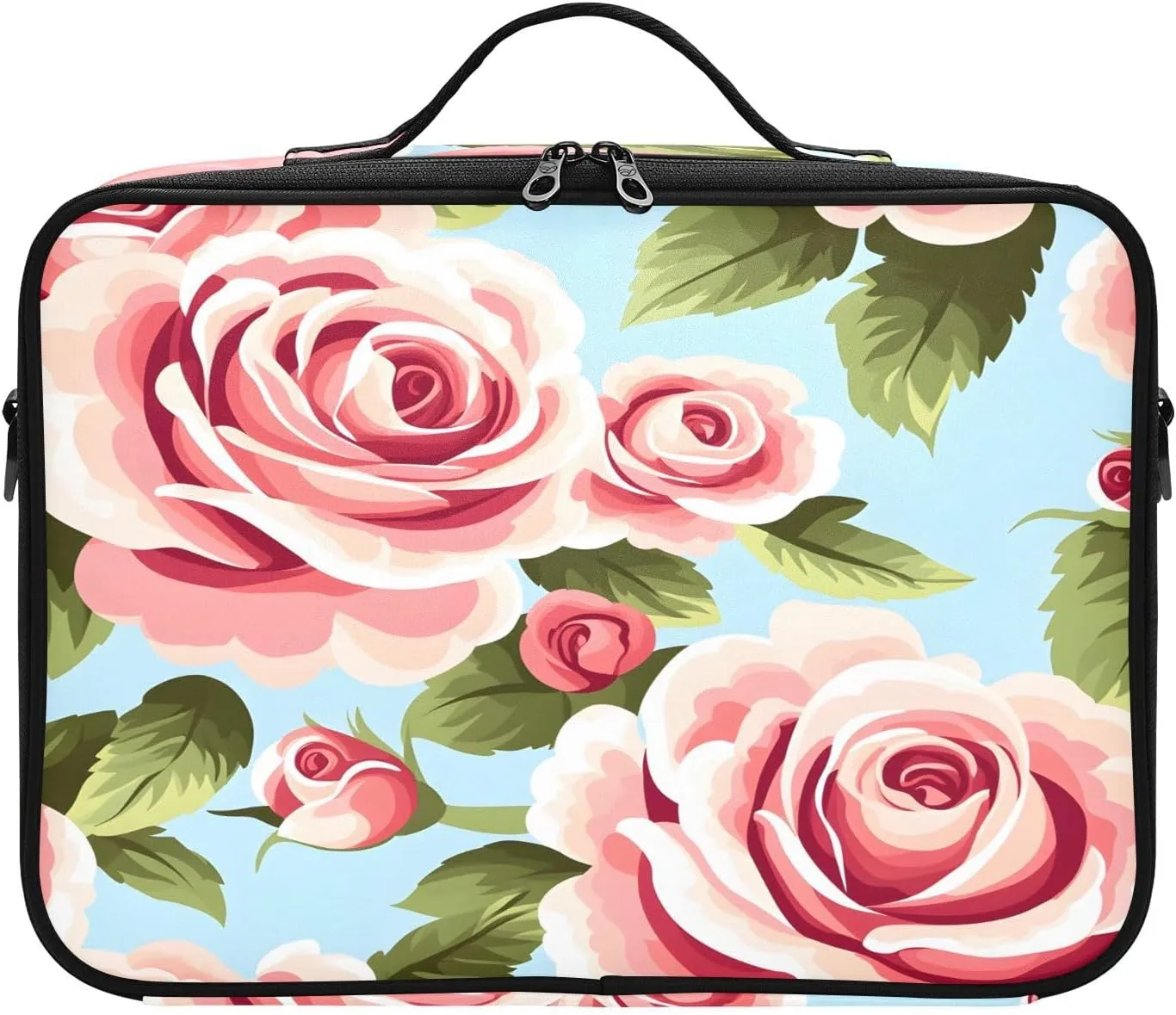 Travel Makeup Train Case Coral Flower Green Leaves Plants Cosmetic Organizer Portable Storage Bag with Adjustable Dividers for Cosmetics Brushes Toiletry Jewelry Digital Accessories