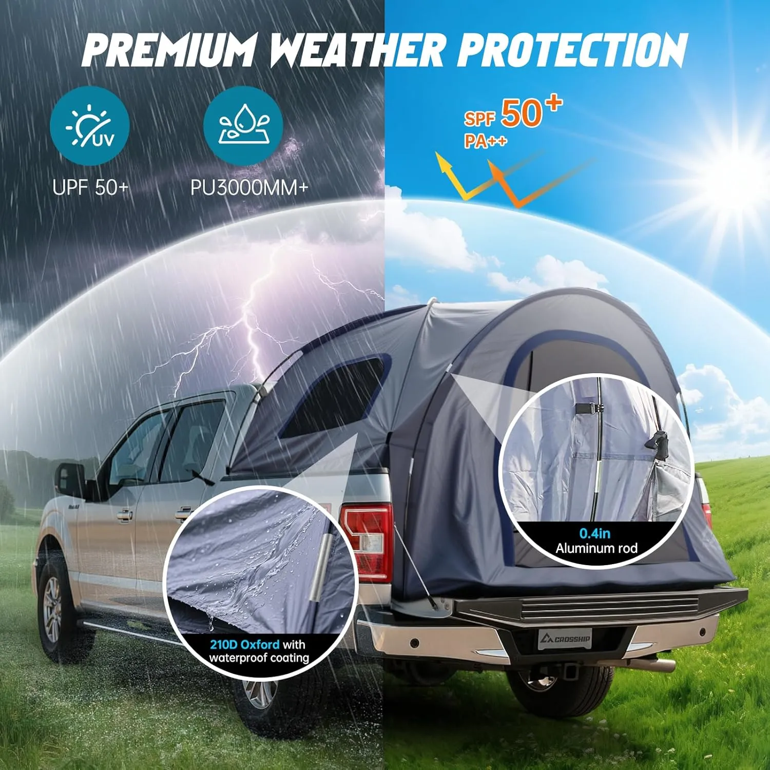 Truck Bed Tent for Pickup Trucks - PU3000mm Water-Resistant Canopy Anti-Tear Fabric - Insect-Prevention Double Layer for 2 Person - Replacement for Ford, Chevy, Dodge, GMC, Nissan, Toyota