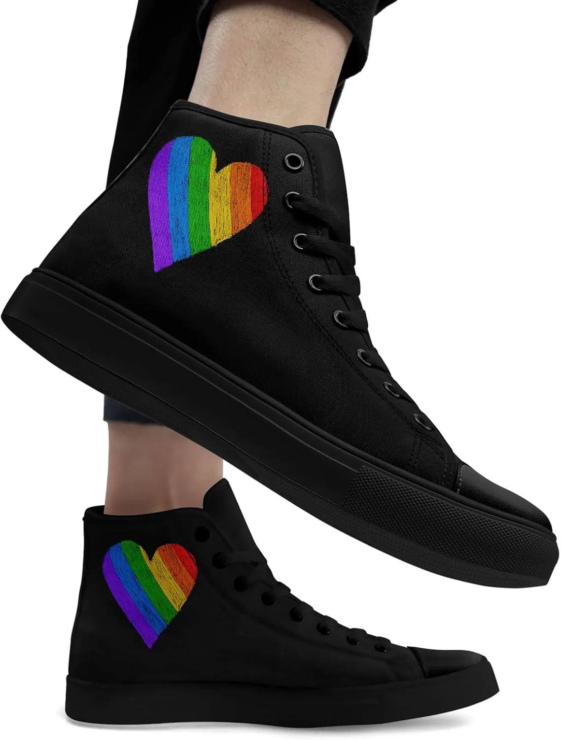 Unisex High Top Canvas Sneakers Lace-up Fashion Casual Walking Tennis Shoes Rainbow Stripe Heart Footwear