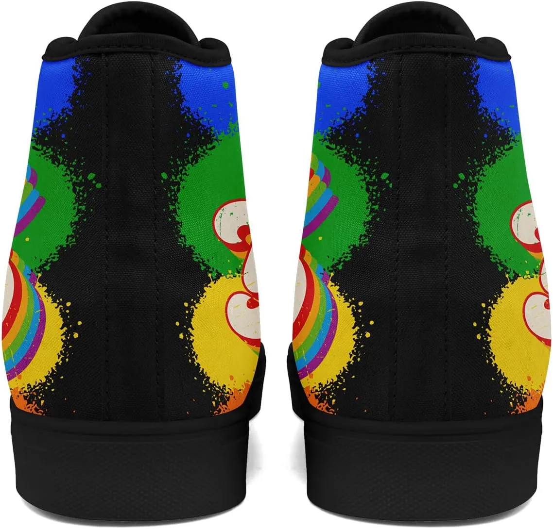 Unisex High Top Canvas Sneakers Lace-up Fashion Casual Walking Tennis Shoes Rainbow Stripe Heart Footwear