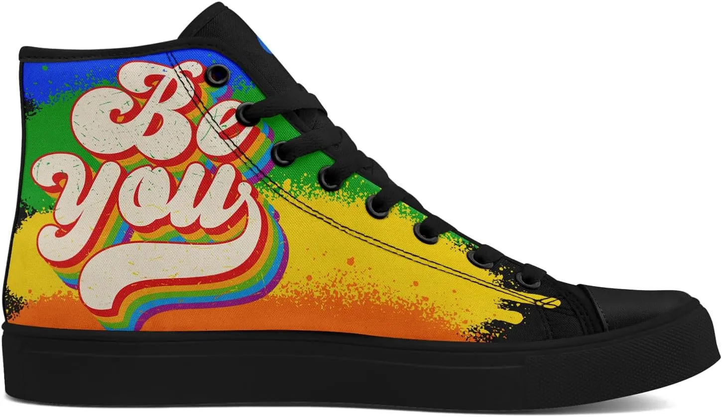 Unisex High Top Canvas Sneakers Lace-up Fashion Casual Walking Tennis Shoes Rainbow Stripe Heart Footwear