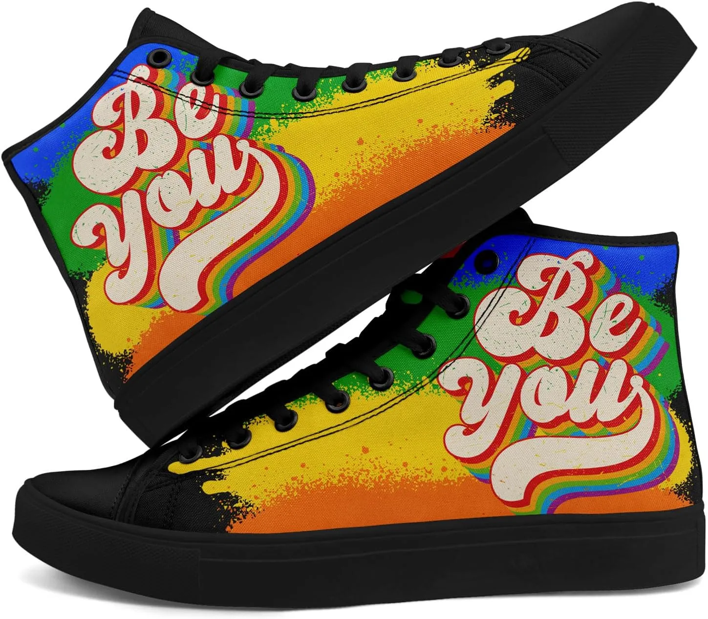 Unisex High Top Canvas Sneakers Lace-up Fashion Casual Walking Tennis Shoes Rainbow Stripe Heart Footwear