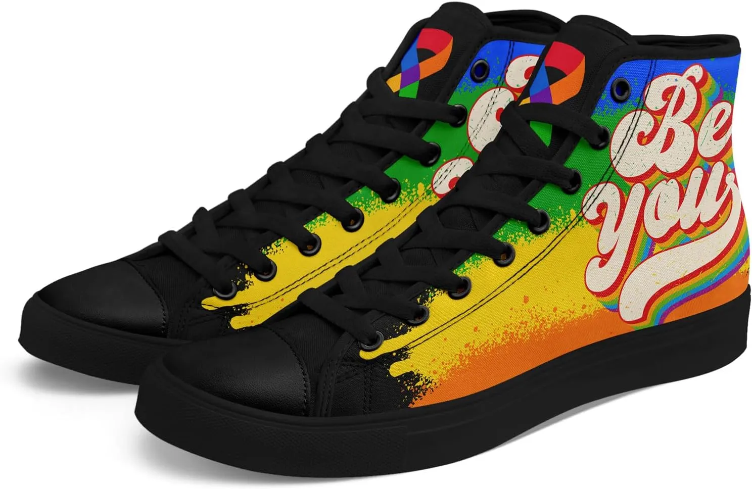 Unisex High Top Canvas Sneakers Lace-up Fashion Casual Walking Tennis Shoes Rainbow Stripe Heart Footwear