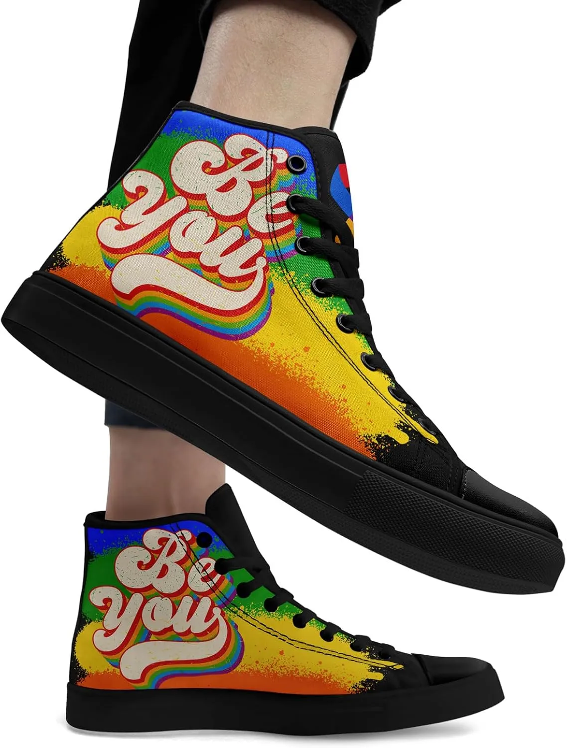 Unisex High Top Canvas Sneakers Lace-up Fashion Casual Walking Tennis Shoes Rainbow Stripe Heart Footwear