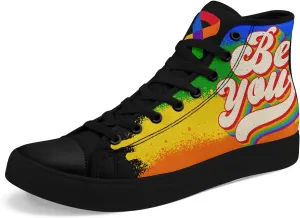 Unisex High Top Canvas Sneakers Lace-up Fashion Casual Walking Tennis Shoes Rainbow Stripe Heart Footwear