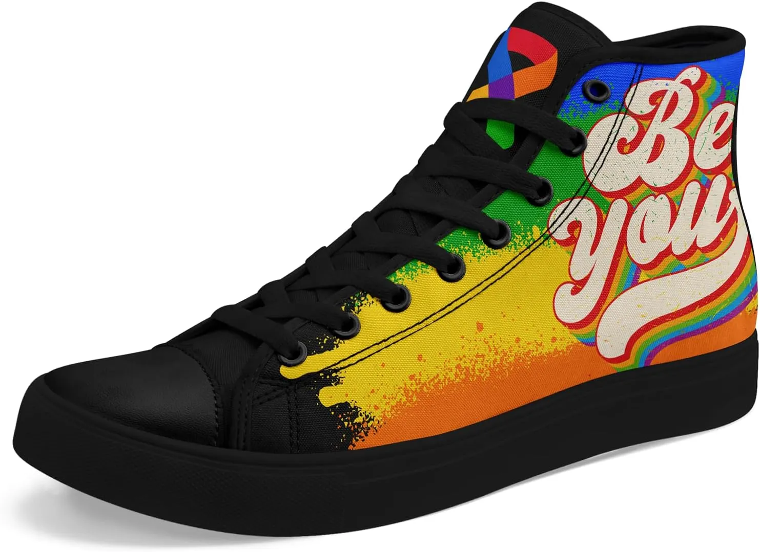 Unisex High Top Canvas Sneakers Lace-up Fashion Casual Walking Tennis Shoes Rainbow Stripe Heart Footwear