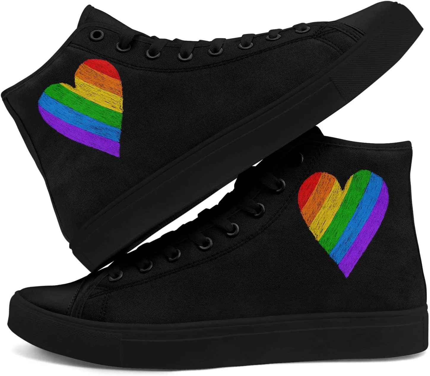 Unisex High Top Canvas Sneakers Lace-up Fashion Casual Walking Tennis Shoes Rainbow Stripe Heart Footwear