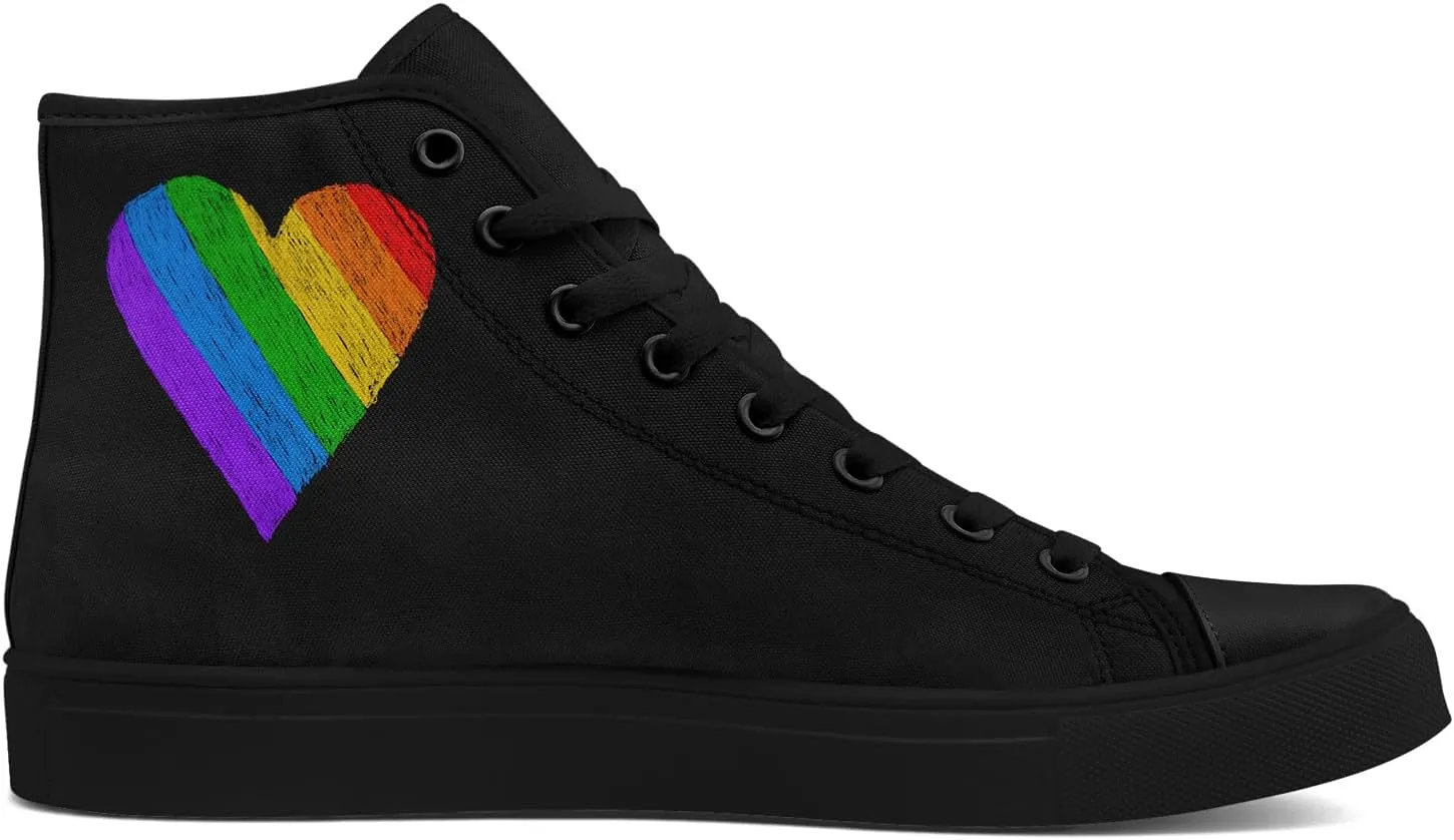 Unisex High Top Canvas Sneakers Lace-up Fashion Casual Walking Tennis Shoes Rainbow Stripe Heart Footwear