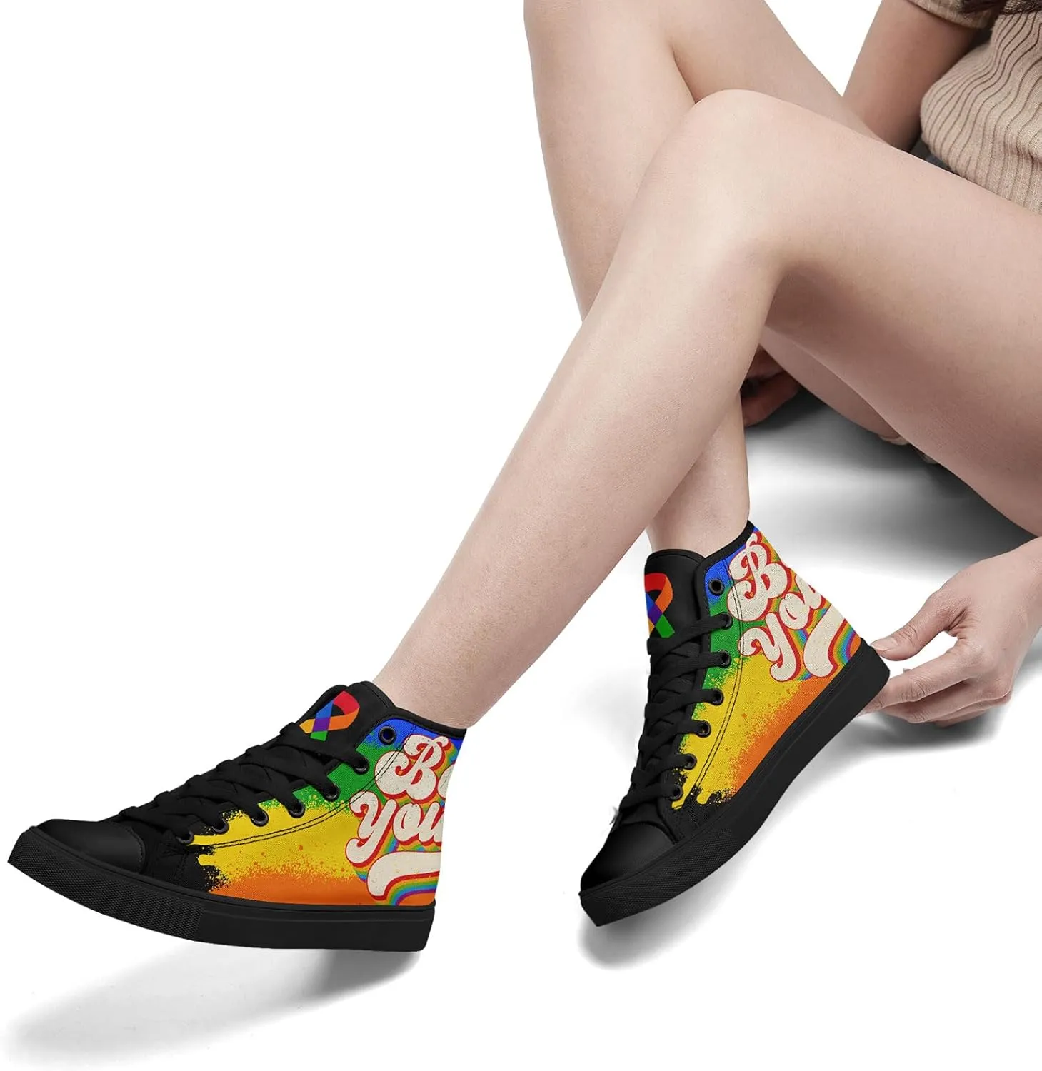 Unisex High Top Canvas Sneakers Lace-up Fashion Casual Walking Tennis Shoes Rainbow Stripe Heart Footwear
