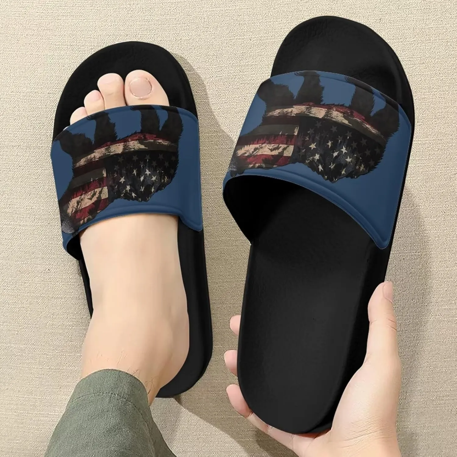 USA Flag Womens Cloud Slides Pillow Slippers Thick Sole Cushioned Adults Sandals Size 6-13.5