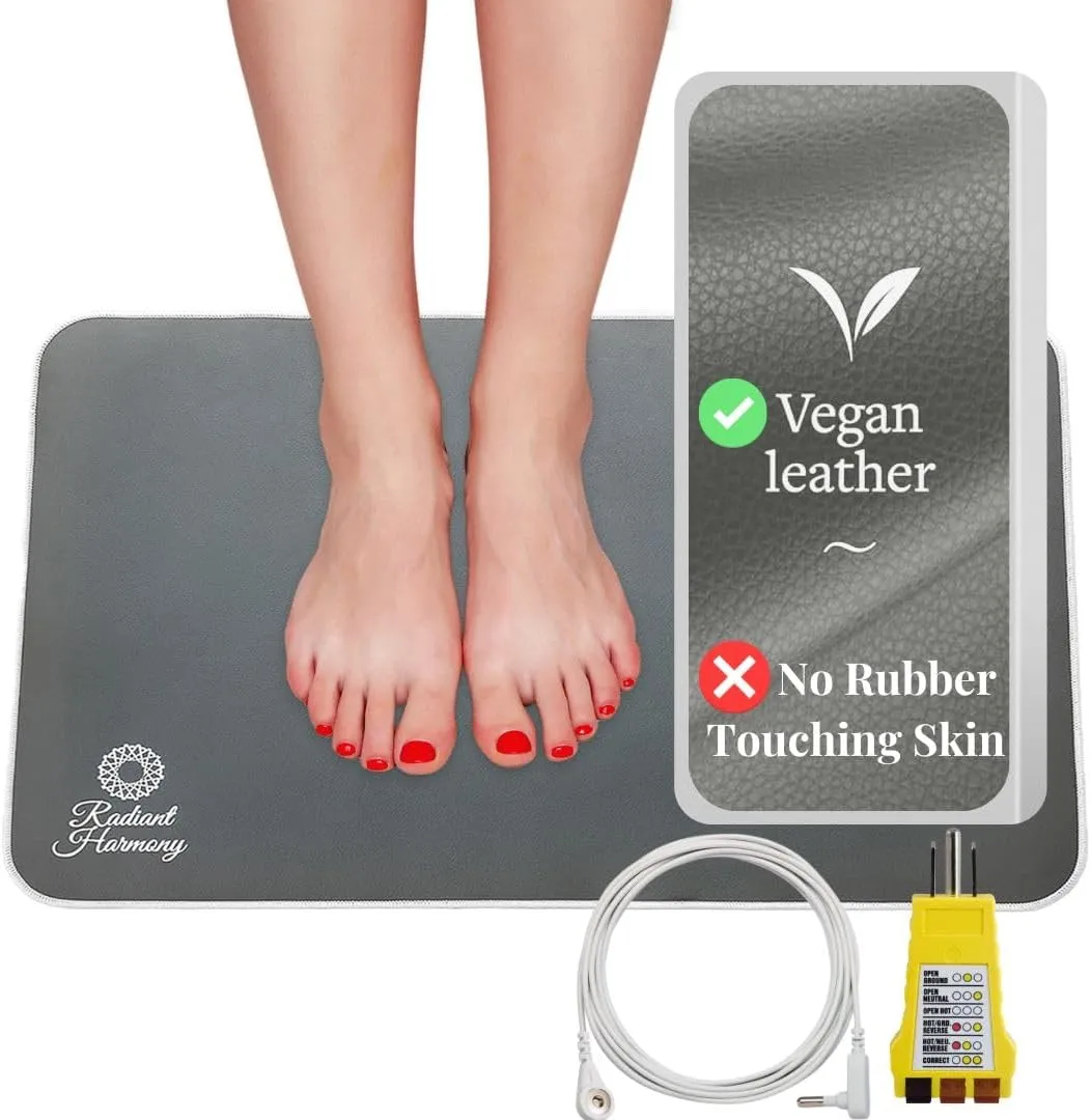 Vegan Leather Grounding Mat Earthing - Premium Grey Grounding Mat for Feet, Desk, Bed or Yoga - Comfortable Earthing Mat Grounding Pad - Radiant Harmony Grounding Mat