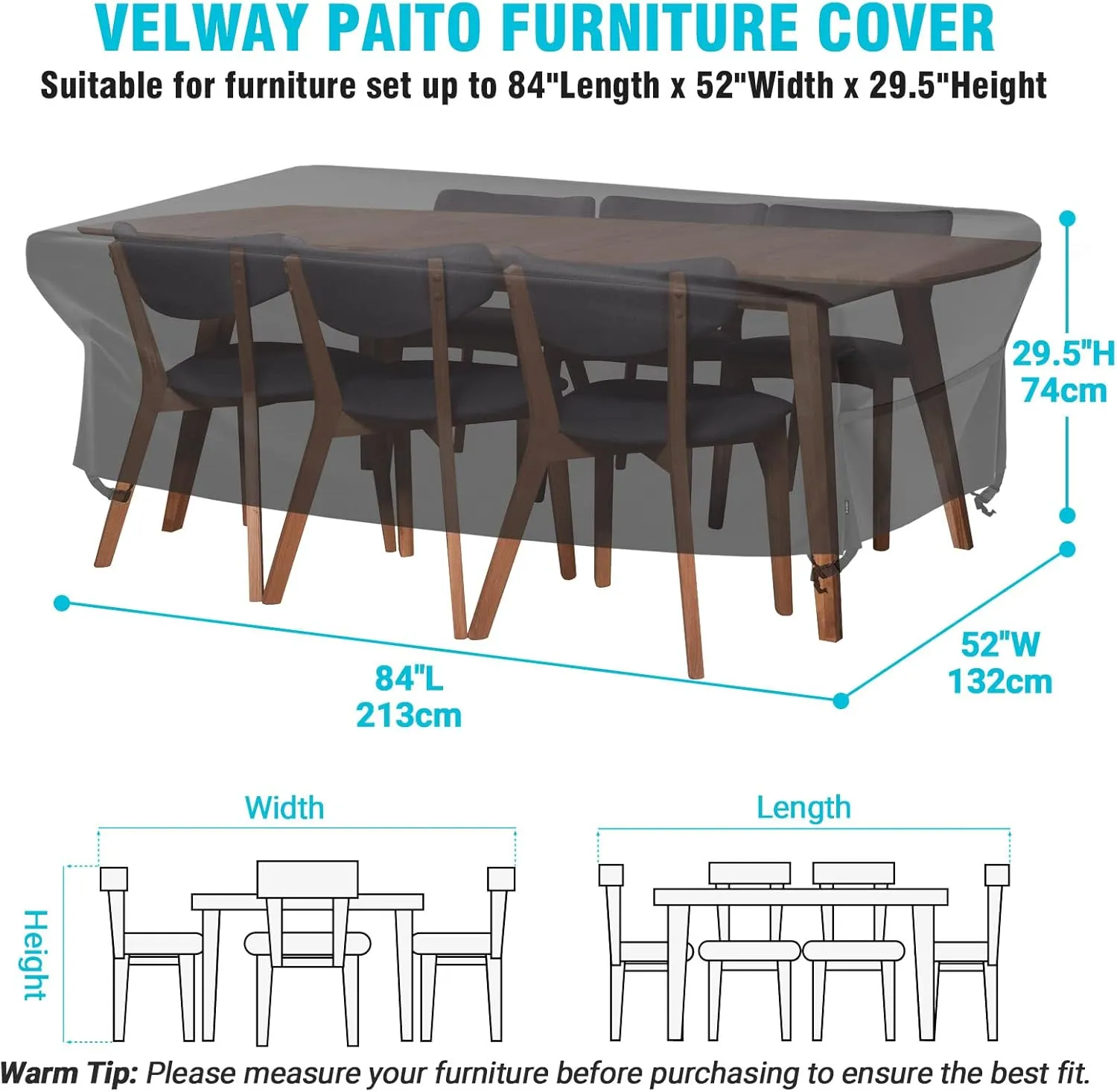 Velway Patio Table Cover Rectangle Waterproof Patio Furniture Cover for Outdoor Table and Chairs 84”Lx52”Wx29”H Oxford Tear-Resistant Wind Dust Proof Paito Furniture Covers