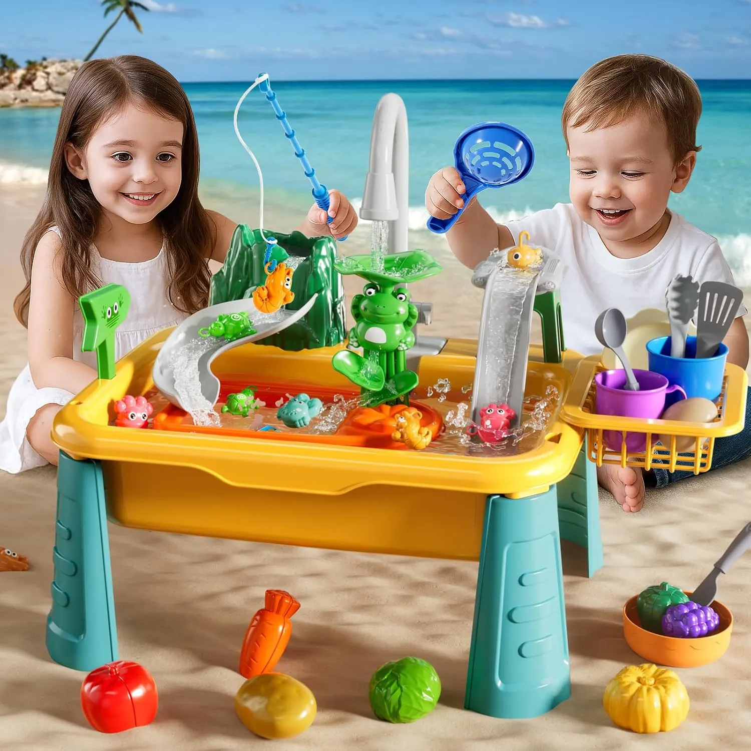 Water Table for Toddlers 3-5, Play Sink with Electric Water Pump, Water Table for Kids Ages 4-8, Fishing Game Summer Outdoor Toys Beach Toys for Outside Backyard for Boys Girls 3 4 5 6 7 8