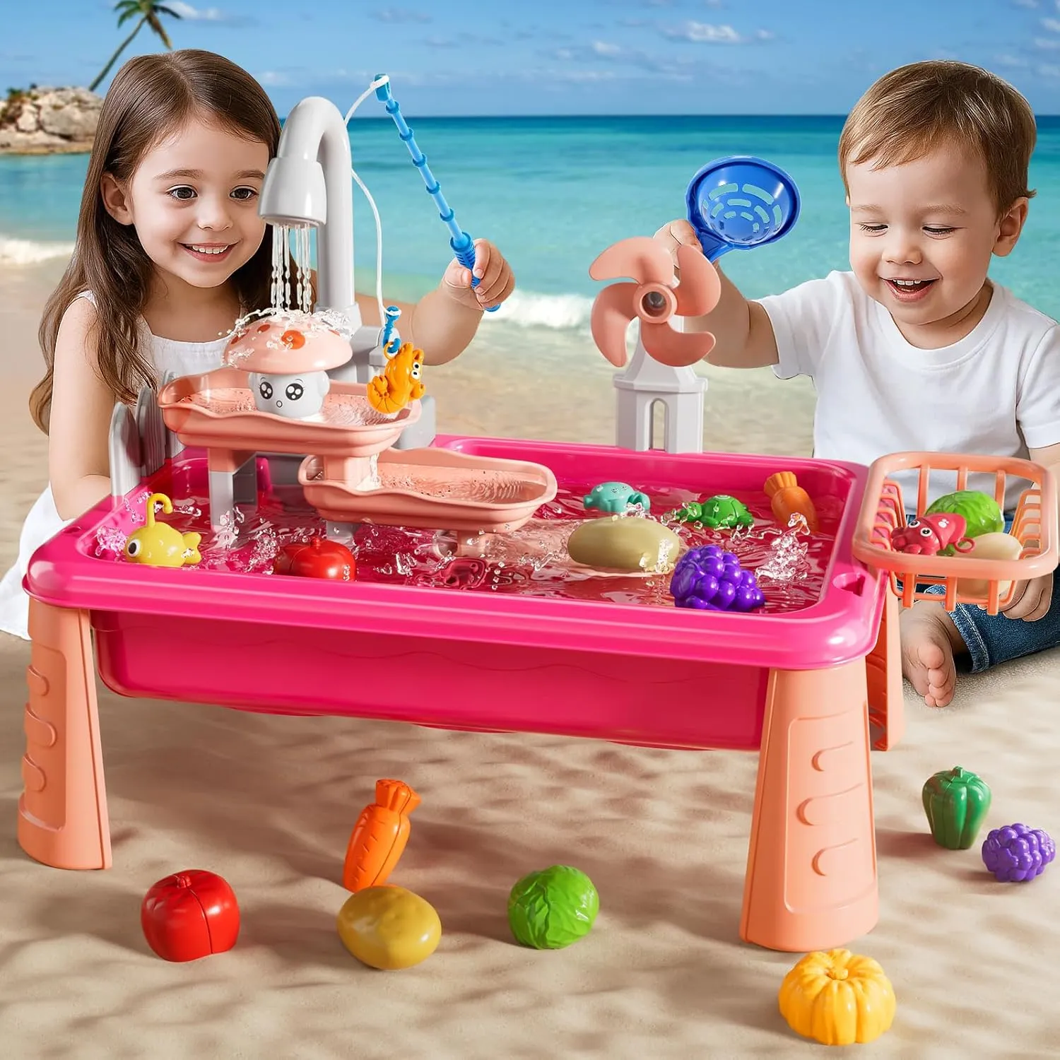 Water Table for Toddlers 3-5, Play Sink with Electric Water Pump, Water Table for Kids Ages 4-8, Fishing Game Summer Outdoor Toys Beach Toys for Outside Backyard for Boys Girls 3 4 5 6 7 8
