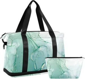 Weekender Bag Set Cyan Mint Liquid Marble Texture Sport Travel Duffel Bag Large Tote Bag with Shoe Compartment