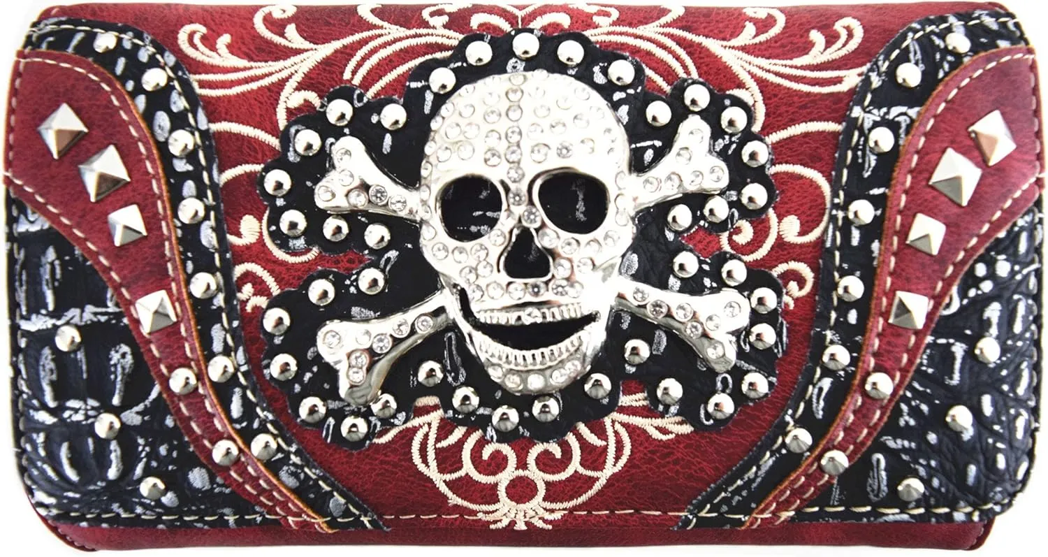 Western Style Sugar Skull Studded Country Purse Single Shoulder Bag Clutch Women Blocking Wristlet Wallet