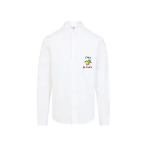 White Cotton Long Sleeve Embroidered Orange Oxford Shirt