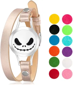 Wild Essentials Jack Skullington Essential Oil Bracelet Diffuser, Leather Wrap Band, Stainless Steel Locket Pendant, 12 Color Refill Pads, Customizable Color Changing Perfume Jewelry for Aromatherapy