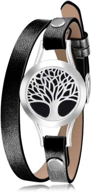 Wild Essentials Tree of Life Essential Oil Bracelet Diffuser, Leather Wrap Band, Stainless Steel Locket Pendant, 12 Color Refill Pads, Customizable Color Changing Perfume Jewelry, Aromatherapy, Black