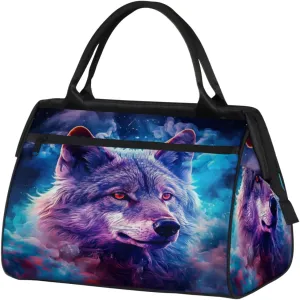 Wolf Fog Galaxy Space Travel Duffle Bag, Waterproof Duffel Bag Weekender Overnight Carry On Bag Lightweight Sport Gym Bag for Men Women