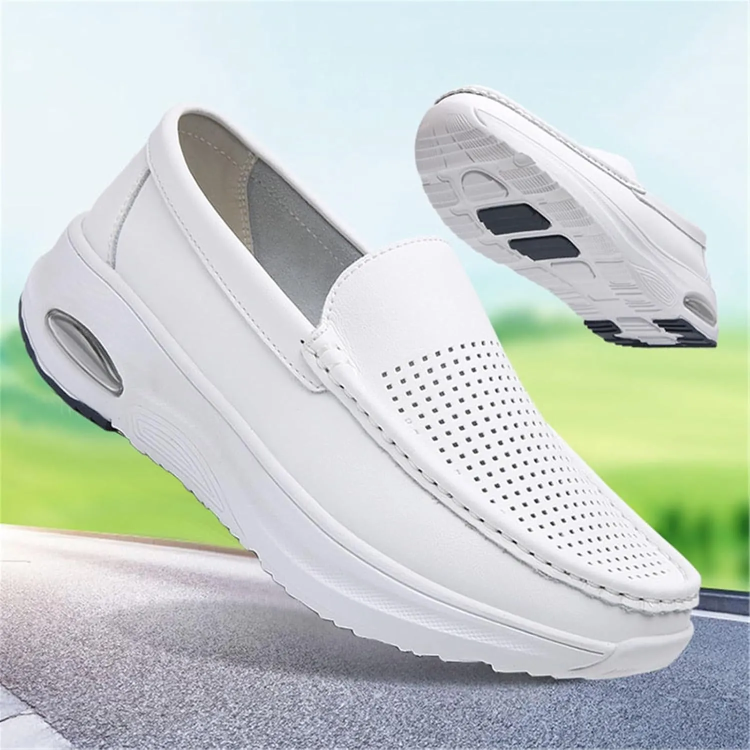 Women Leather Moccasins, Womens Casual Breathable Hollow Slip on Non-Slip Nursing Shoes, Fashion Comfort Working Platform Sneakers, Ideal for Nurse Healthcare Crews