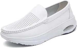 Women Leather Moccasins, Womens Casual Breathable Hollow Slip on Non-Slip Nursing Shoes, Fashion Comfort Working Platform Sneakers, Ideal for Nurse Healthcare Crews
