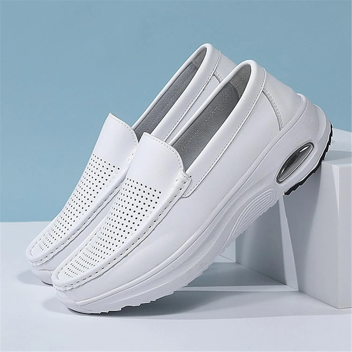 Women Leather Moccasins, Womens Casual Breathable Hollow Slip on Non-Slip Nursing Shoes, Fashion Comfort Working Platform Sneakers, Ideal for Nurse Healthcare Crews