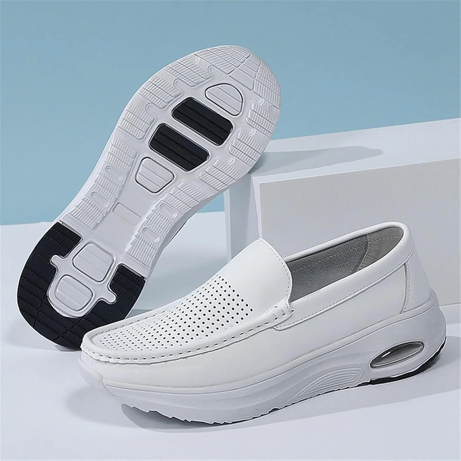 Women Leather Moccasins, Womens Casual Breathable Hollow Slip on Non-Slip Nursing Shoes, Fashion Comfort Working Platform Sneakers, Ideal for Nurse Healthcare Crews